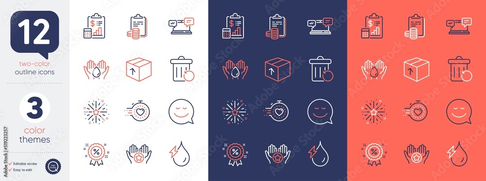 Set of Accounting, Smile and Package line icons. Include Internet chat, Wash hands, Favorite icons. Timer, Fireworks explosion, Discount web elements. Hydroelectricity, Recovery trash, Report. Vector Set of Accounting, Smile and Package line icons. Include Internet chat, Wash hands, Favorite icons. Timer, Fireworks explosion, Discount web elements. Hydroelectricity, Recovery trash, Report. Vector