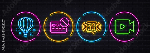 5g wifi, Card and Air balloon minimal line icons. Neon laser 3d lights. Video camera icons. For web, application, printing. Wireless internet, Bank payment, Sky travelling. Movie or cinema. Vector