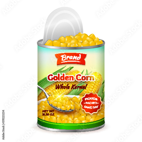 Realistic Detailed 3d Organic Canned Corn Open Tin Can. Vector illustration of Yellow Maize Kernel Preserved