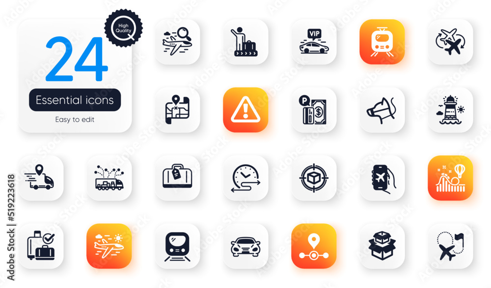 Set of Transportation flat icons. Flight mode, Search flight and Vip transfer elements for web application. Packing boxes, Truck delivery, Car icons. Lighthouse, Parcel tracking. Vector Set of Transportation flat icons. Flight mode, Search flight and Vip transfer elements for web application. Packing boxes, Truck delivery, Car icons. Lighthouse, Parcel tracking. Vector