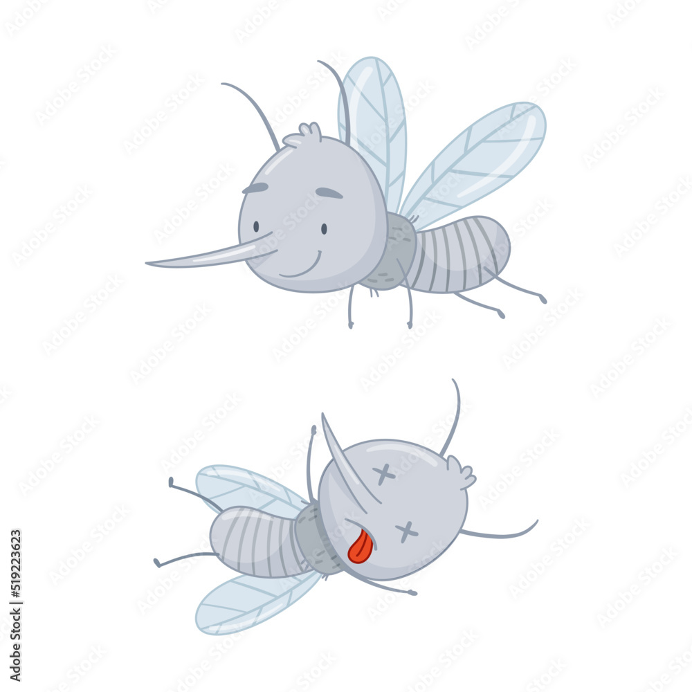 Cute mosquito set. Dead and flying parasitic insects cartoon vector  illustration Stock Vector | Adobe Stock