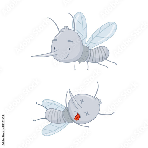 Cute mosquito set. Dead and flying parasitic insects cartoon vector illustration