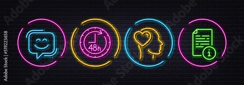Friend, 48 hours and Smile face minimal line icons. Neon laser 3d lights. Manual icons. For web, application, printing. Love, Delivery service, Chat. Read file. Neon lights buttons. Vector