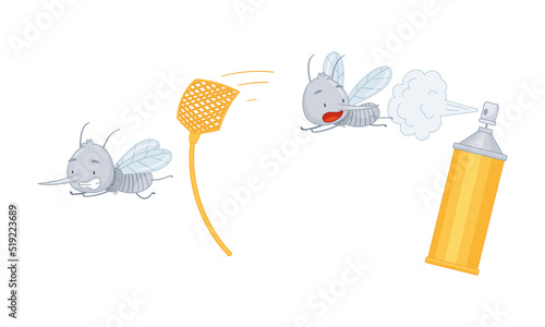 Cute mosquito set. Funny parasitic insect character flying away from fly swatter and repellent bottle cartoon vector illustration