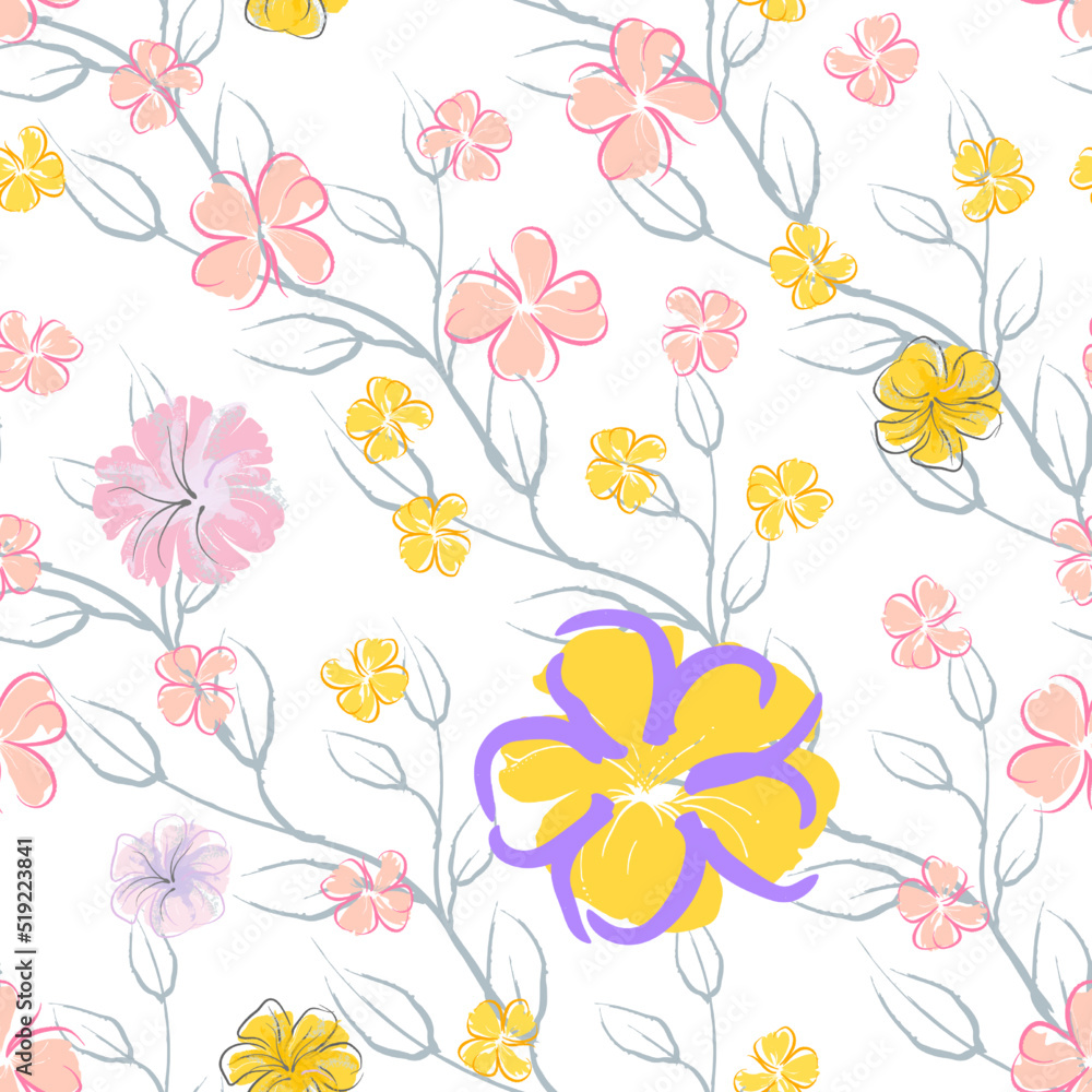 Pink Flowers Blooming Pattern. Pastel Watercolor. Pink Flowers Blooming Pattern. Pastel Watercolor.