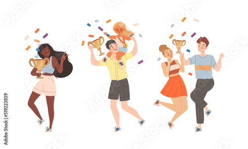 People celebrating victory set. Happy people with golden goblets winning prize at competition, contest vector illustration