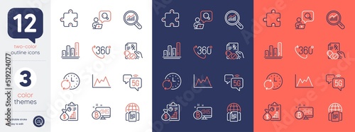 Set of Prescription drugs, Update time and Data analysis line icons. Include Puzzle, 5g internet, Diagram icons. 360 degree, Inspect, Bitcoin system web elements. Internet documents. Vector