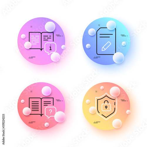 Manual, Instruction manual and Shield minimal line icons. 3d spheres or balls buttons. Edit document icons. For web, application, printing. Read book, Questionnaire, Password protect. Vector