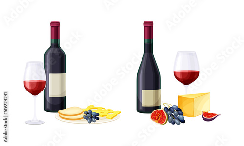 Bottles and glasses of red wine with cheese, figs and grapes set vector illustration