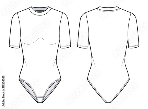 Bodysuit fashion flat technical drawing template. Girls  Bodysuit with short sleeve, round neck, fashion CAD mockup, front and back view, white.