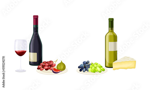 Bottles of wine served with appetizers, cheese, figs and grapes vector illustration