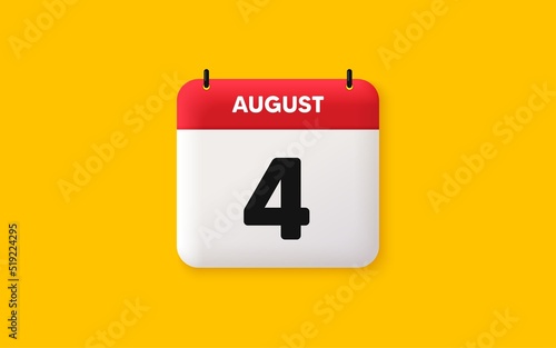 Calendar date 3d icon. 4th day of the month icon. Event schedule date. Meeting appointment time. Agenda plan, August month schedule 3d calendar and Time planner. 4th day day reminder. Vector photo