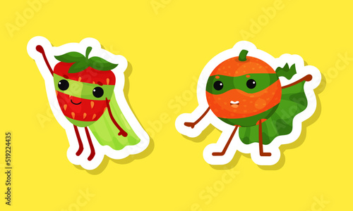 Funny fruit superhero stickers set. Funny strawberry and orange characters wearing mask and cloak cartoon vector illustration