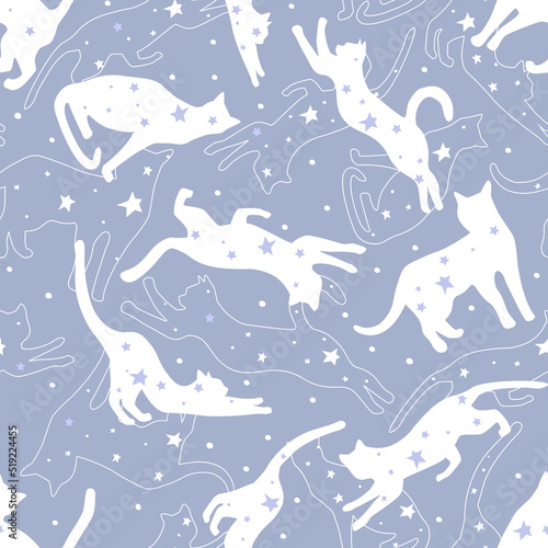 Seamless pattern of silhouettes of cats with stars in different poses. Cute cats play  jump in outer space. Night dream sky. Vector graphics.