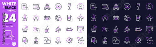 Analysis app, Puzzle and Block diagram line icons for website, printing. Collection of Flight mode, Friends world, Document icons. Whiskey glass, Avatar, Wine glass web elements. Wallet. Vector