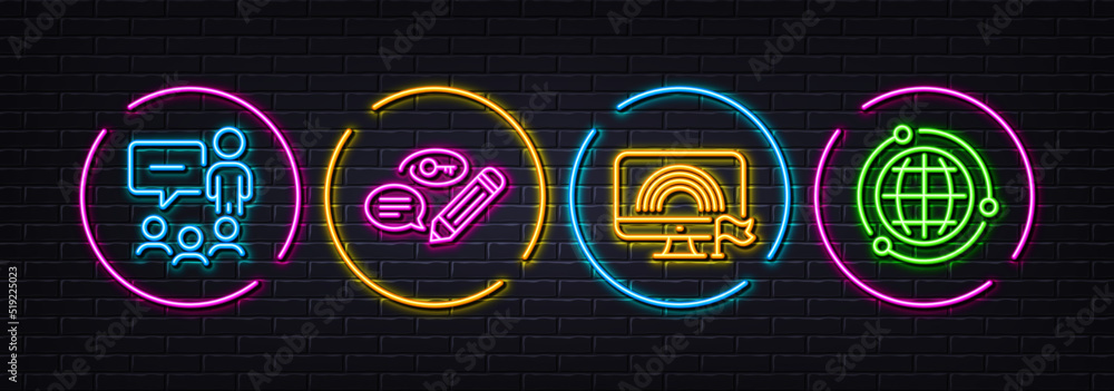 Keywords, People chatting and Lgbt minimal line icons. Neon laser 3d lights. Globe icons. For web, application, printing. Pencil with key, Conference, Rainbow flag. Internet world. Vector