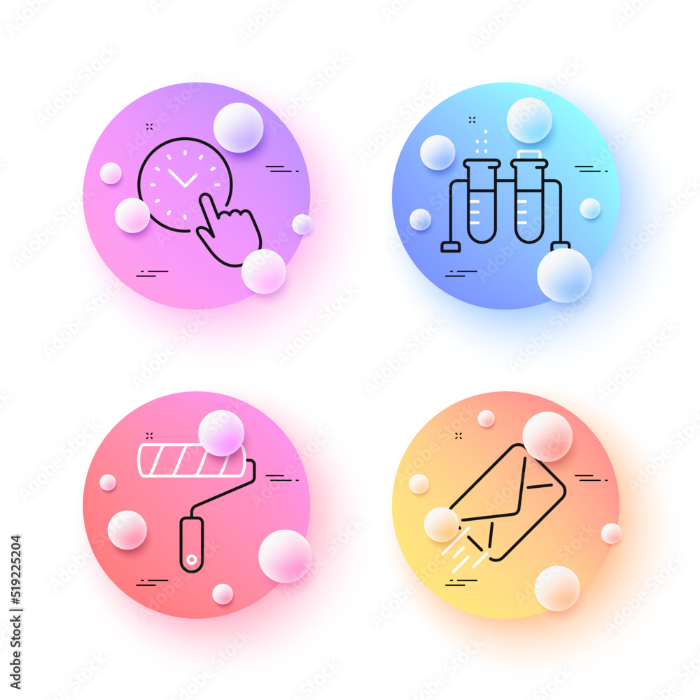 E-mail, Time management and Paint roller minimal line icons. 3d spheres or balls buttons. Chemistry beaker icons. For web, application, printing. Mail delivery, Office clock, Painter brush. Vector E-mail, Time management and Paint roller minimal line icons. 3d spheres or balls buttons. Chemistry beaker icons. For web, application, printing. Mail delivery, Office clock, Painter brush. Vector