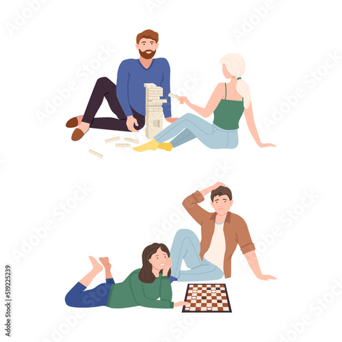 People playing jenga and checkers board games set. Families spending time together at home vector illustration