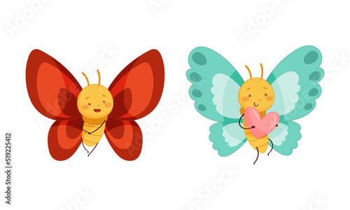 Set of cute butterflies with red and blue wings. Cute smiling insects with funny faces cartoon vector illustration