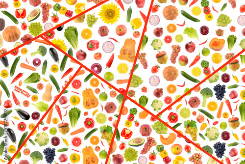 Beautiful pattern healthy fruits, vegetables and berries separated by red lines.