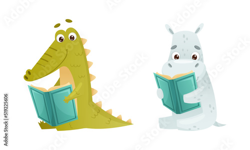 Cute baby animals reading books set. Crocodile, hippo sitting with book cartoon vector illustration