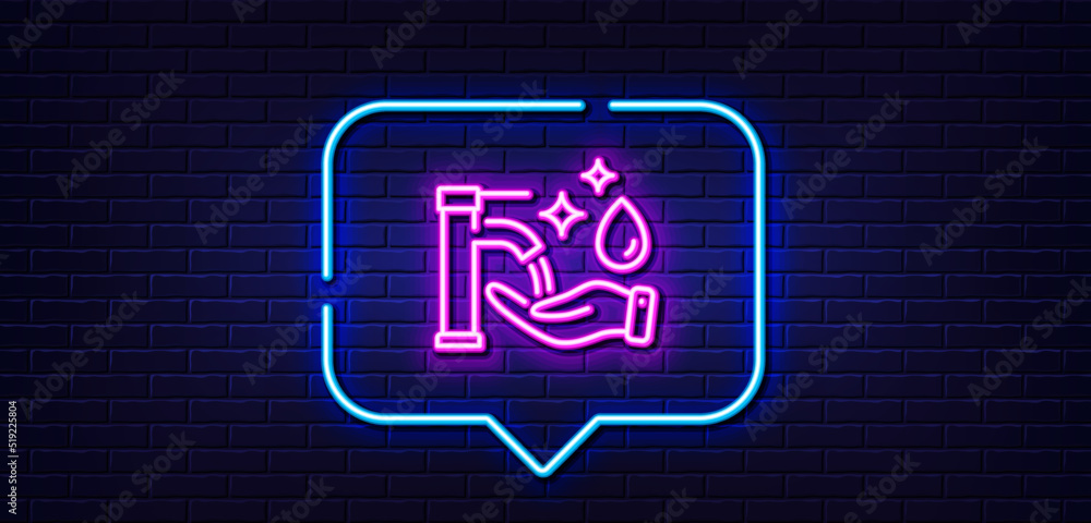 Neon light speech bubble. Washing hands line icon. Sanitary cleaning sign. Hand wash symbol. Neon light background. Washing hands glow line. Brick wall banner. Vector Neon light speech bubble. Washing hands line icon. Sanitary cleaning sign. Hand wash symbol. Neon light background. Washing hands glow line. Brick wall banner. Vector
