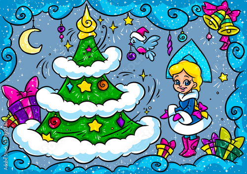 Winter Christmas fairy tale tree gifts snow girl character cartoon illustration