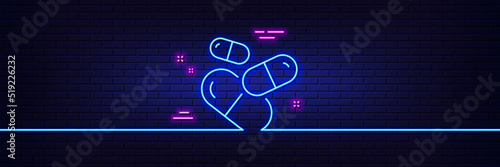 Neon light glow effect. Capsule pill line icon. Medical drugs sign. Pharmacy medication symbol. 3d line neon glow icon. Brick wall banner. Capsule pill outline. Vector