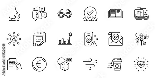 Outline set of Windy weather, Heartbeat and Networking line icons for web application. Talk, information, delivery truck outline icon. Vector