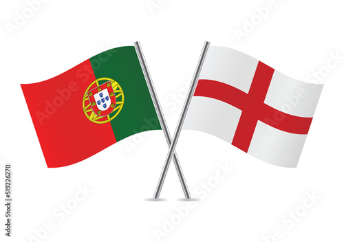 Portugal and England crossed flags. Portuguese and English flags on white background. Vector icon set. Vector illustration.