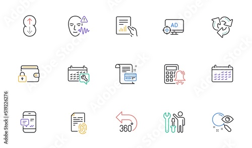 Repairman, Seo adblock and 360 degrees line icons for website, printing. Collection of Recycle, Document, Search icons. Swipe up, Payment card, Lock web elements. Voice wave. Vector