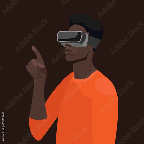 A handsome guy in virtual reality glasses, raised his hand and points with his finger. VR technologies, augmented reality, metaverse. Vector flat illustration.