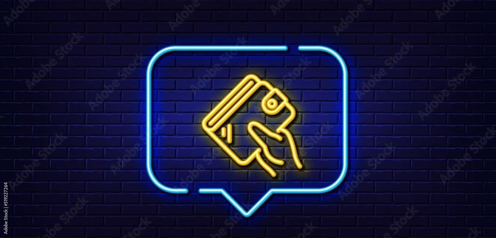 Neon light speech bubble. Wallet line icon. Hand hold money purse sign. Cash budget symbol. Neon light background. Wallet glow line. Brick wall banner. Vector Neon light speech bubble. Wallet line icon. Hand hold money purse sign. Cash budget symbol. Neon light background. Wallet glow line. Brick wall banner. Vector