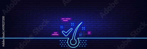 Neon light glow effect. Anti-dandruff flakes line icon. Dandruff shampoo sign. Clean hair symbol. 3d line neon glow icon. Brick wall banner. Anti-dandruff flakes outline. Vector