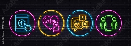 Genders, Cyber attack and Swipe up minimal line icons. Neon laser 3d lights. Workflow icons. For web, application, printing. Inclusion, Darknet chat, Scrolling screen. Partnership. Vector
