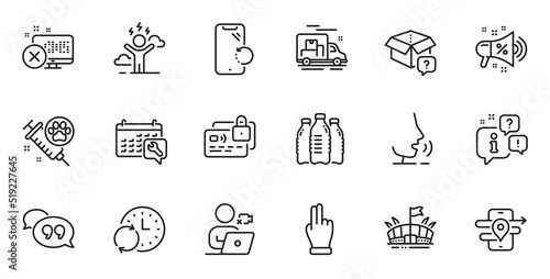Outline set of Card, Update time and Gps line icons for web application. Talk, information, delivery truck outline icon. Include Spanner, Quote bubble, Sale megaphone icons. Vector