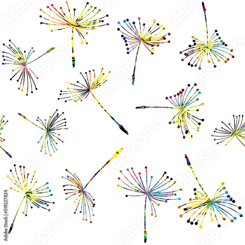 Abstract colored seeds of dandelion flying seamless pattern