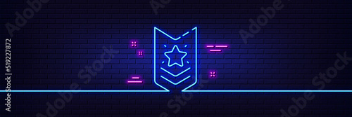 Neon light glow effect. Shoulder strap stars line icon. Star award sign. Best rank symbol. 3d line neon glow icon. Brick wall banner. Shoulder strap outline. Vector