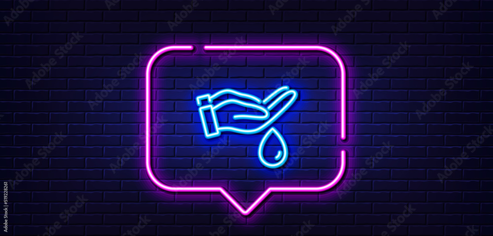 Neon light speech bubble. Moisturizing oil line icon. Wash hands symbol. Skin care sign. Neon light background. Wash hands glow line. Brick wall banner. Vector Neon light speech bubble. Moisturizing oil line icon. Wash hands symbol. Skin care sign. Neon light background. Wash hands glow line. Brick wall banner. Vector