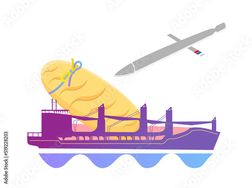 Grain blockade in Ukraine. Attack on a ship with grain.Ukrainian bread. Loaf of bread with Ukrainian ribbon. Vector illustration.