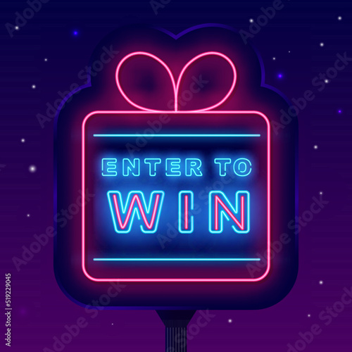 Enter to win neon street advertising. Night billboard. Gift box frame. Casino online design. Vector stock illustration