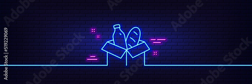 Neon light glow effect. Food donation line icon. Charity box sign. Charitable organization symbol. 3d line neon glow icon. Brick wall banner. Food donation outline. Vector