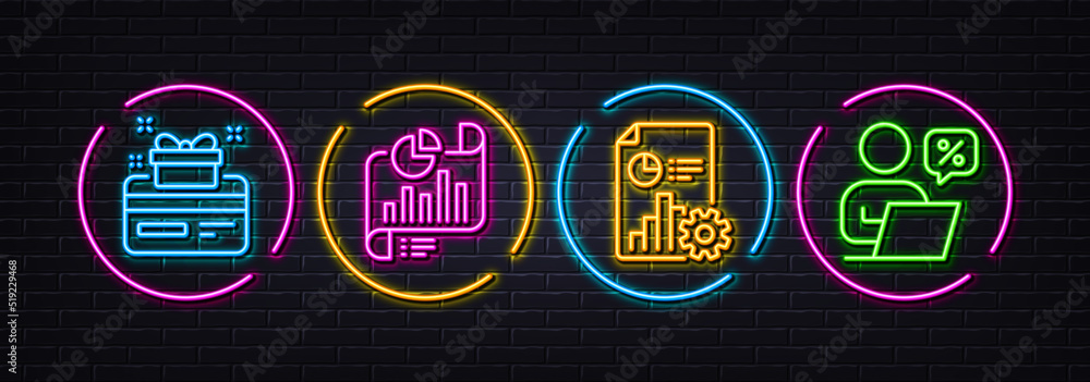 Report, Report document and Loyalty card minimal line icons. Neon laser 3d lights. Online discounts icons. For web, application, printing. Presentation document, Growth chart, Bonus points. Vector