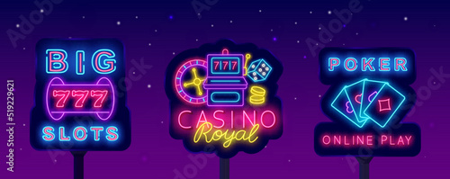 Casino neon signs collection. Big slots and Royal casino, Glowing street billboards set. Vector stock illustration