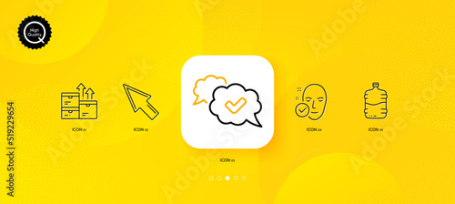 Health skin, Cooler bottle and Wholesale goods minimal line icons. Yellow abstract background. Mouse cursor, Approved icons. For web, application, printing. Vector