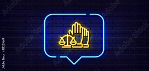 Neon light speech bubble. Court jury voting line icon. Justice scales sign. Judgement law symbol. Neon light background. Court jury glow line. Brick wall banner. Vector