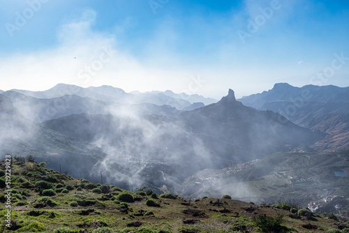 Foggy view of Roque Bentayga from Mirador de Degollada Becerra Gran Canaria, Canary Island, Spain © rudiernst