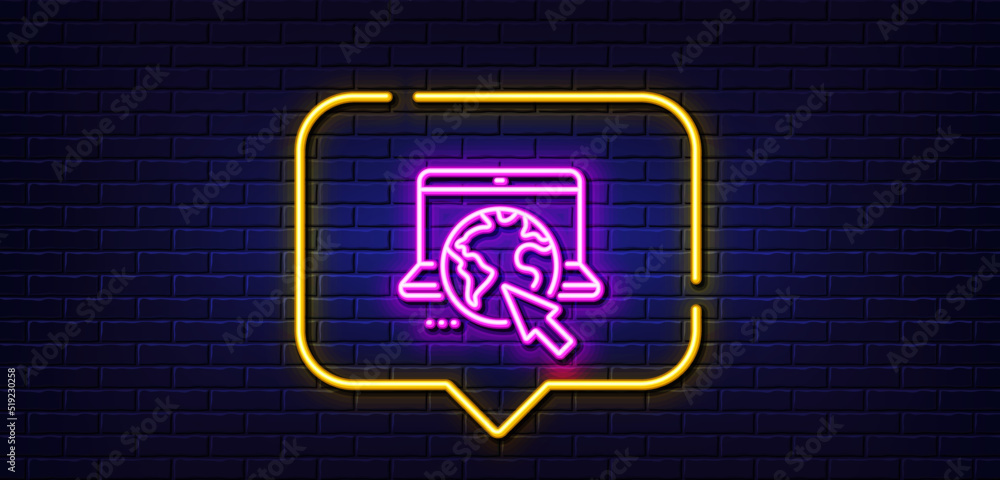 Neon light speech bubble. Internet line icon. Online web service sign. Url webpage symbol. Neon light background. Internet glow line. Brick wall banner. Vector Neon light speech bubble. Internet line icon. Online web service sign. Url webpage symbol. Neon light background. Internet glow line. Brick wall banner. Vector