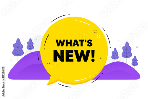 Whats new text. Speech bubble chat balloon. Special offer sign. New arrivals symbol. Talk whats new message. Voice dialogue cloud. Vector