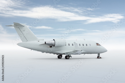 Modern white private jet isolated on light background with sky
